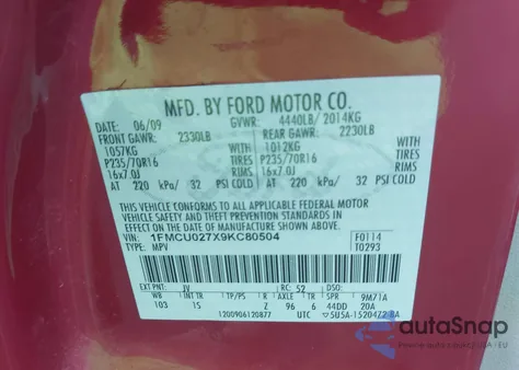 2009 Ford Escape Xls/Xls Manual из США, поврежденный, VIN 1FMCU027X9KC80504